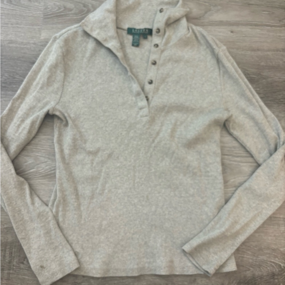 Lauren Ralph Lauren Grey Henley Polo Ribbed Long Sleeve Size Small